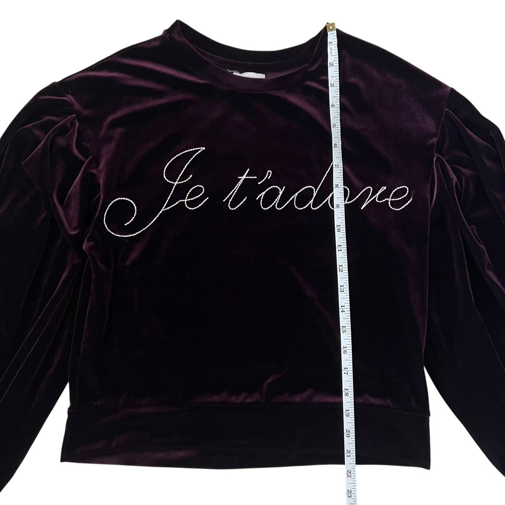 MISA Los Angeles Je T'adore Burgundy Velvet Puff Sleeve Sweatshirt Sweater SZ XS - Picture 11 of 12